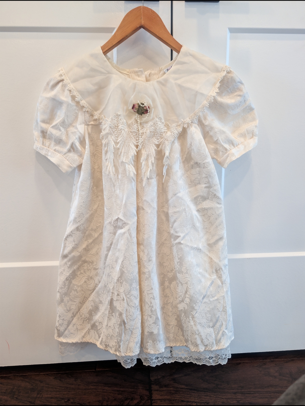 Vintage ROSE COTTAGE Girl's Ivory Formal Dress with Lace Bib Collar Size 6